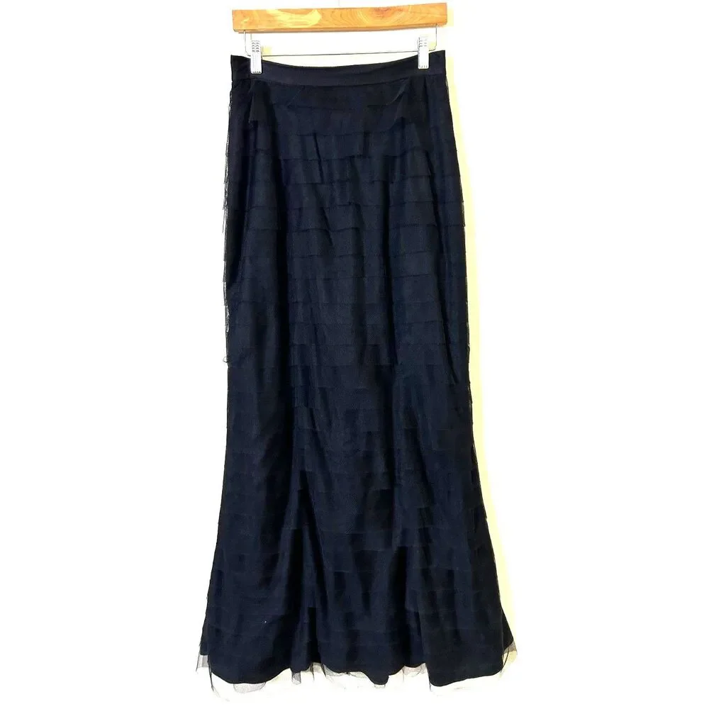 Adrianna Papell Skirt Women's 6 Black Tiered Ruffle Formal Maxi Skirt mesh